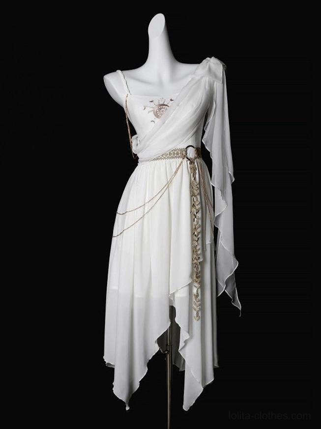 Tethys Tears Greek one-shoulder white chiffon JSK dress front view flat lay on mannequin with asymmetric handkerchief hem, embroidered bust detail, and gold waist chain leaf pendant