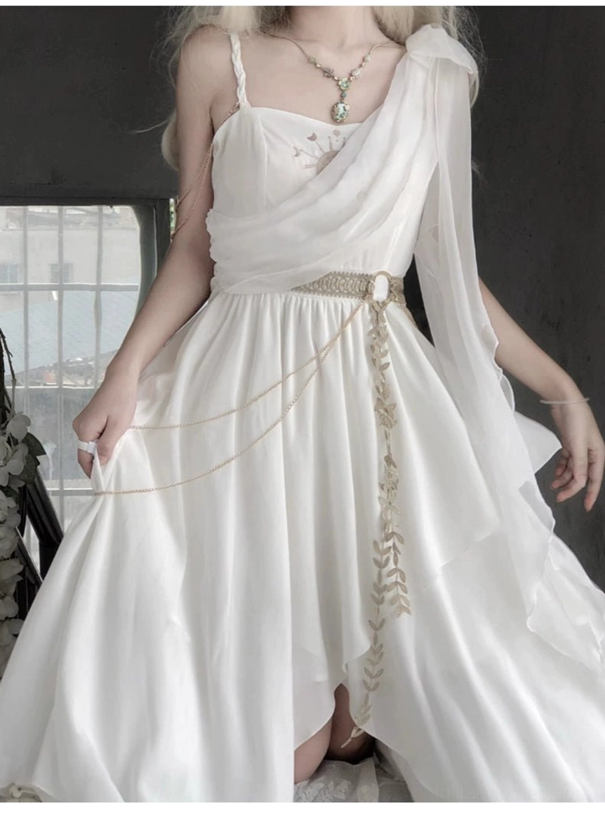 Tethys Tears Greek one-shoulder white chiffon JSK dress worn by female model three-quarter front view with gold waist chain leaf pendant, embroidered bust detail, flowy asymmetric skirt, and layered pendant necklace