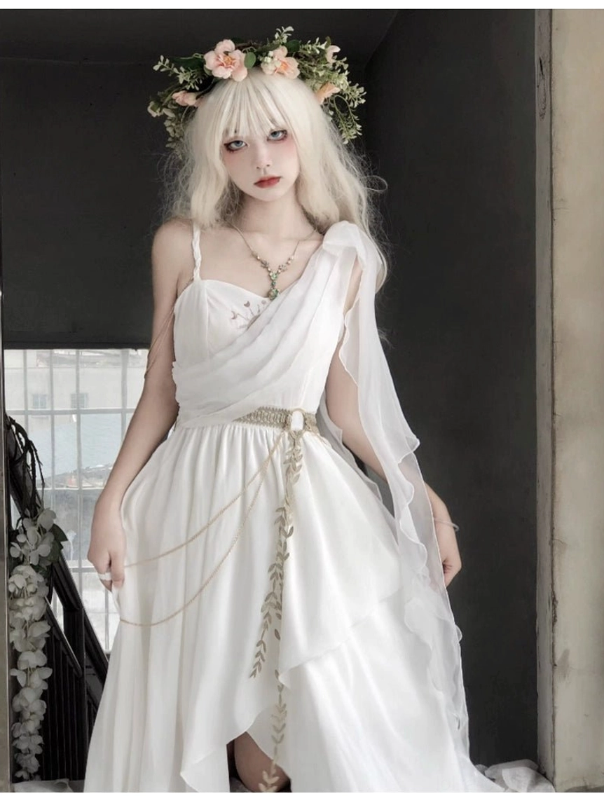 Tethys Tears Greek style white chiffon slip JSK dress front three-quarter view on flower crown model one-shoulder camisole design gold waist belt leaf chain embroidered bodice fitted silhouette pendant necklace