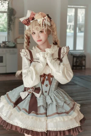 Blonde Lolita girl wearing Sweet Lolita petite JSK with long sleeve blouse and chest bowknot in kitchen setting