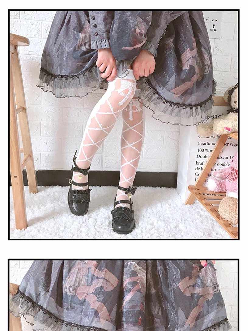 black and white thorn kiss lolita stockings color comparison showing both crisscross pattern styles available