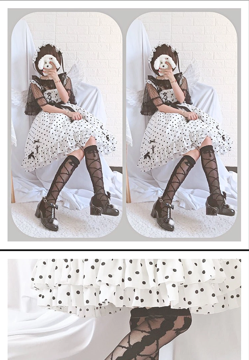 thorn kiss crisscross lolita stockings styled in classic lolita coordinate with proper shoe and skirt pairing
