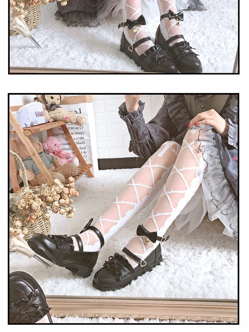thorn kiss lolita hosiery cross lattice stockings detail showing fabric quality and decorative pattern construction