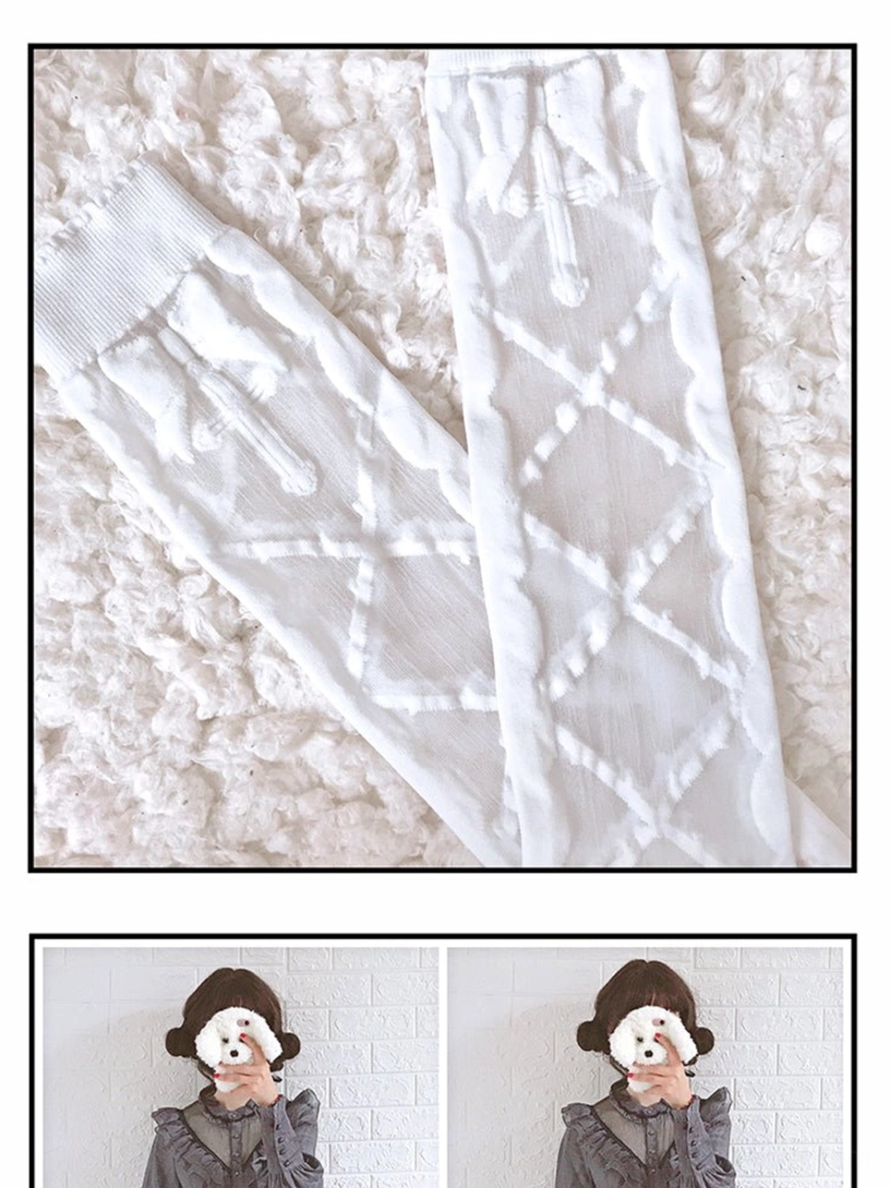 white diamond crisscross lolita thigh high stockings close-up with ribbed waistband and large lattice pattern detail shot