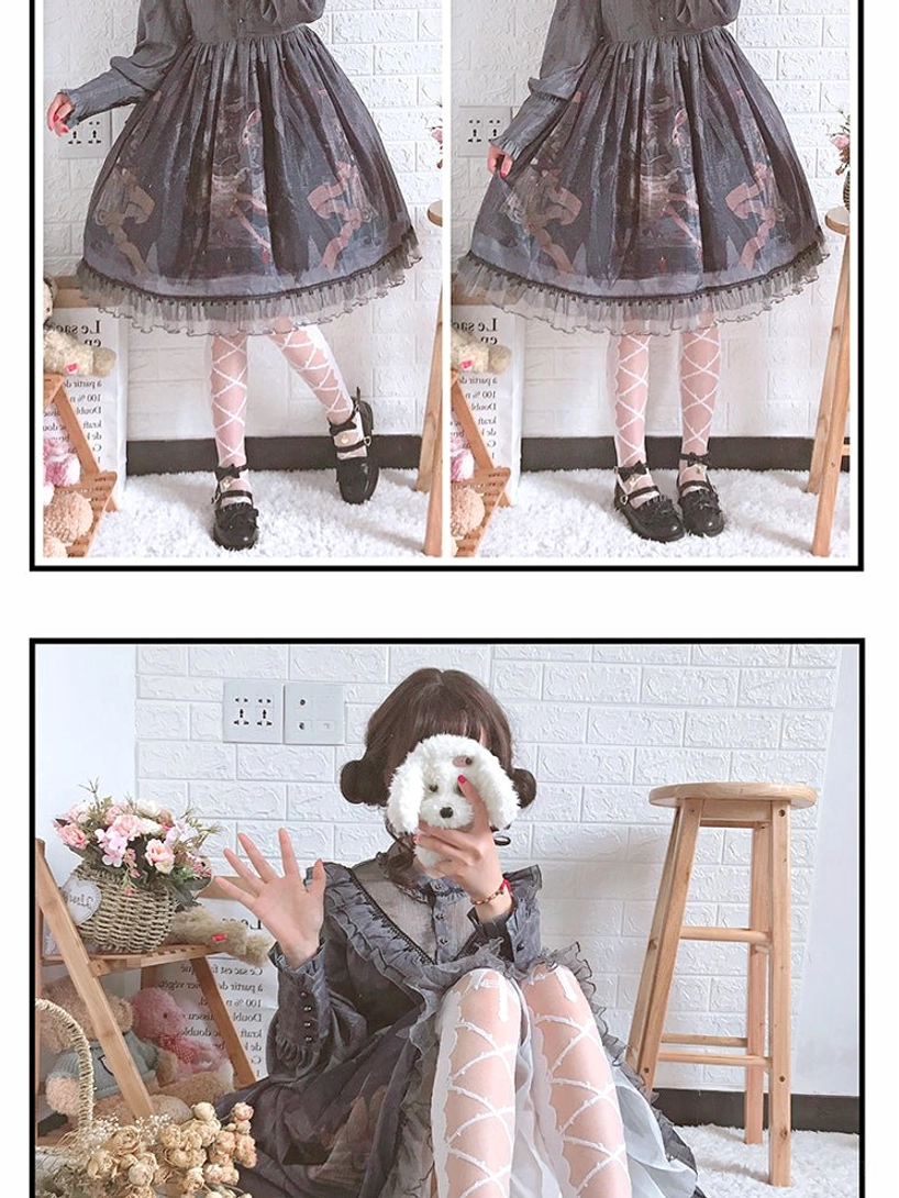 lolita lifestyle styling with white crisscross thigh stockings paired with grey printed lolita dress and black mary jane flats