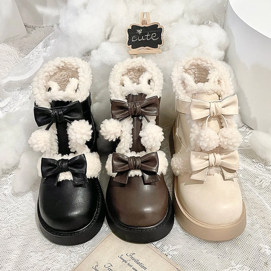 Three color variants of lolita snow boots with bowknot decorations fuzzy shearling trim and round toe chunky heels on lace fabric backdrop