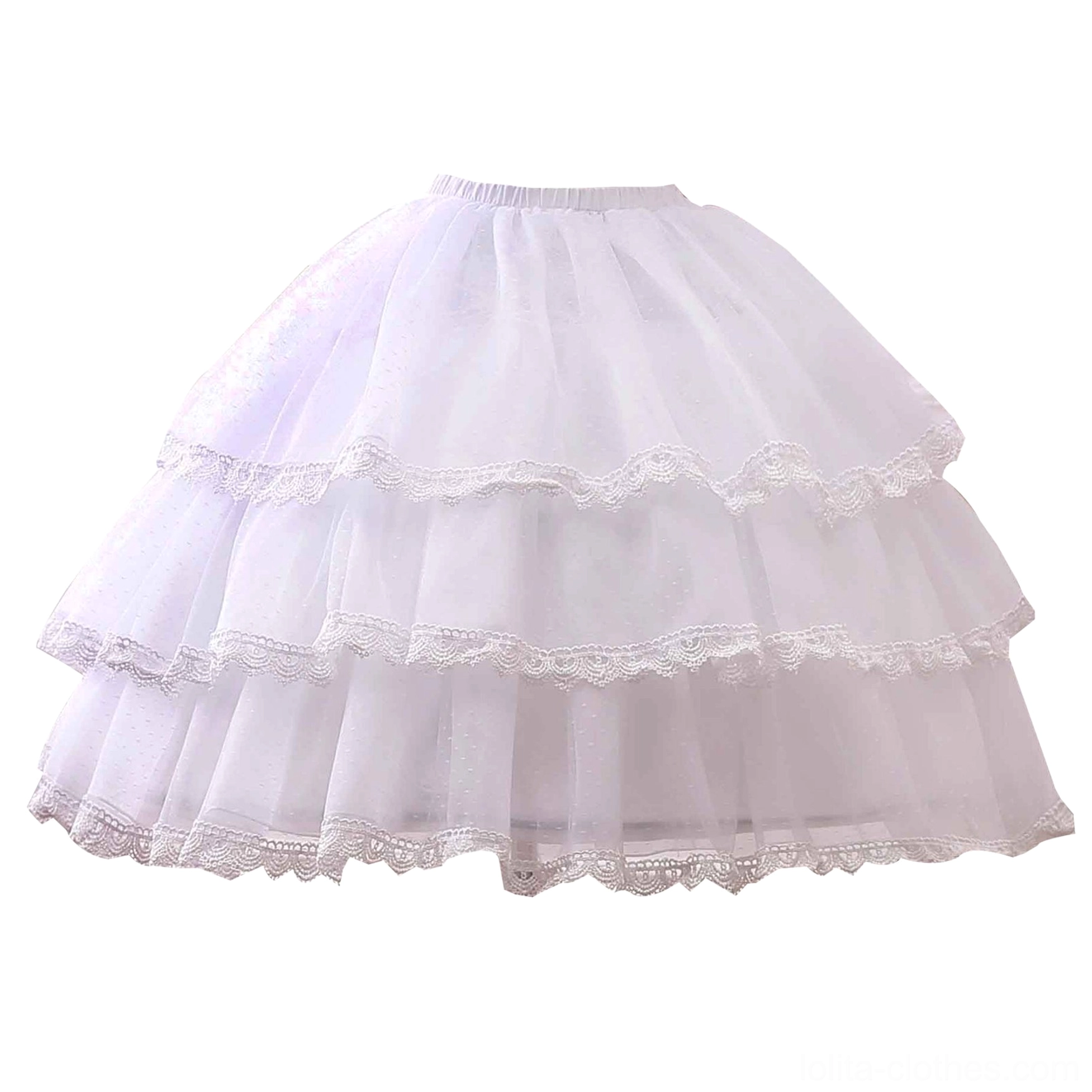 three-tier white lolita petticoat full product view elastic waistband adjustable fit lace trims every tier bottom hem