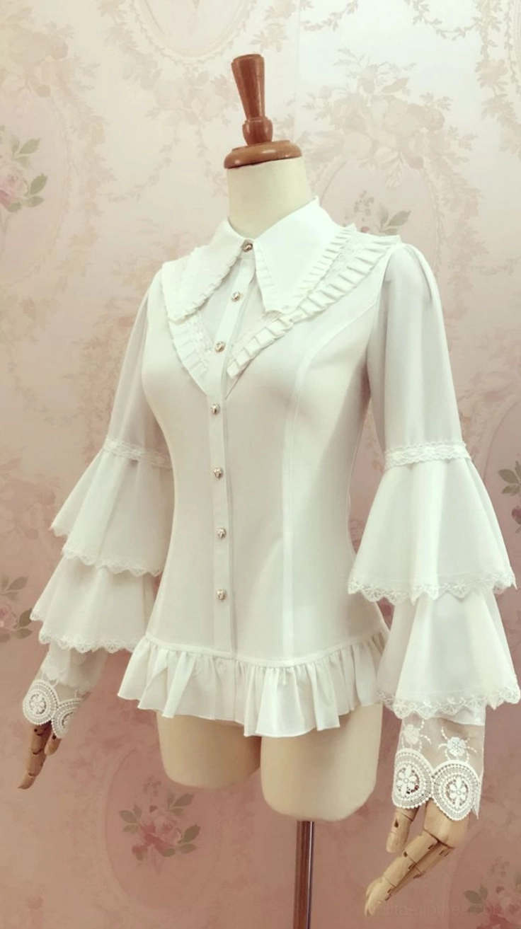 Vintage-inspired tiered bell sleeve lolita blouse white close-up front view pearl buttons fitted silhouette lace cuffs details