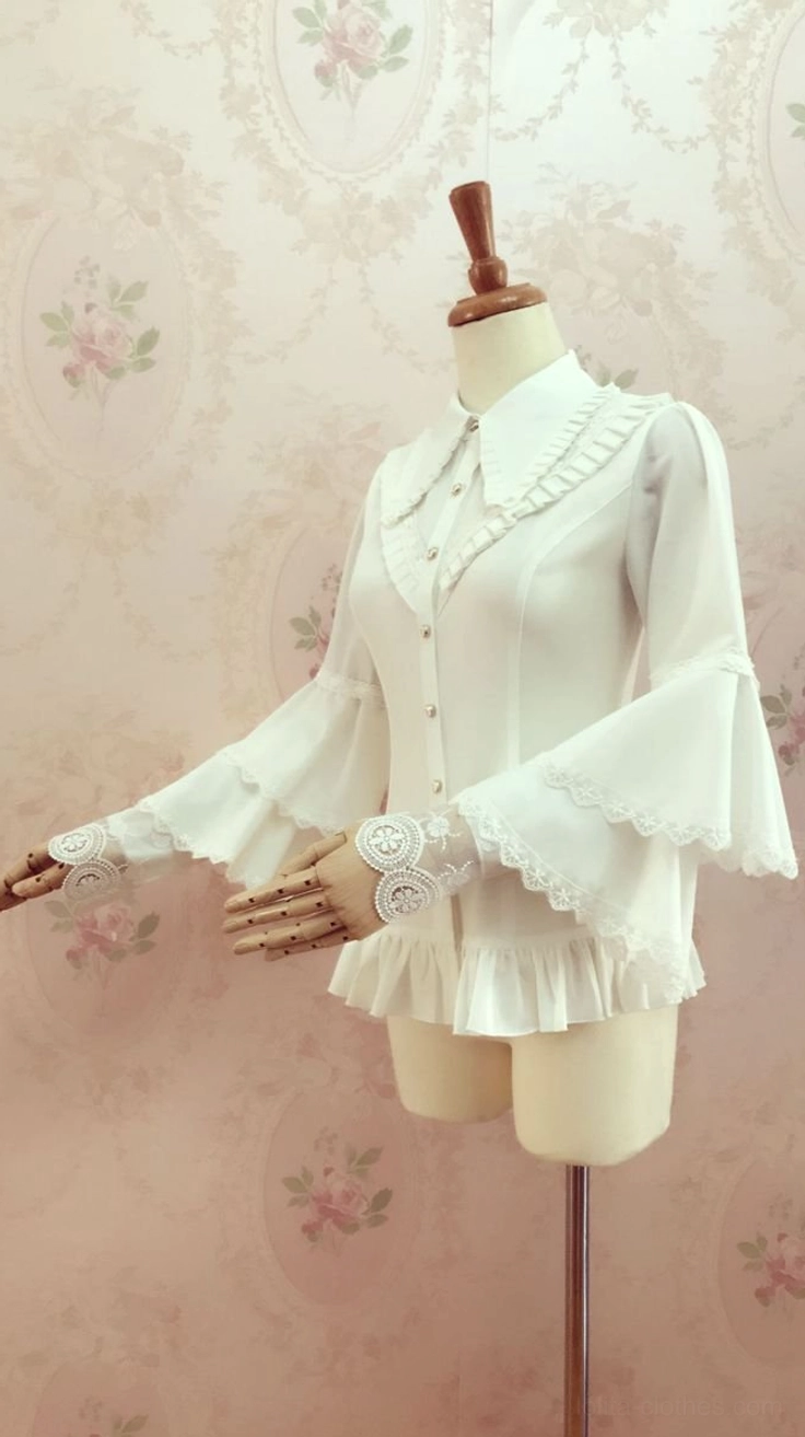 Romantic tiered lace-trimmed bell sleeve lolita blouse white three-quarter front right view mannequin fitted waist ruffled hem