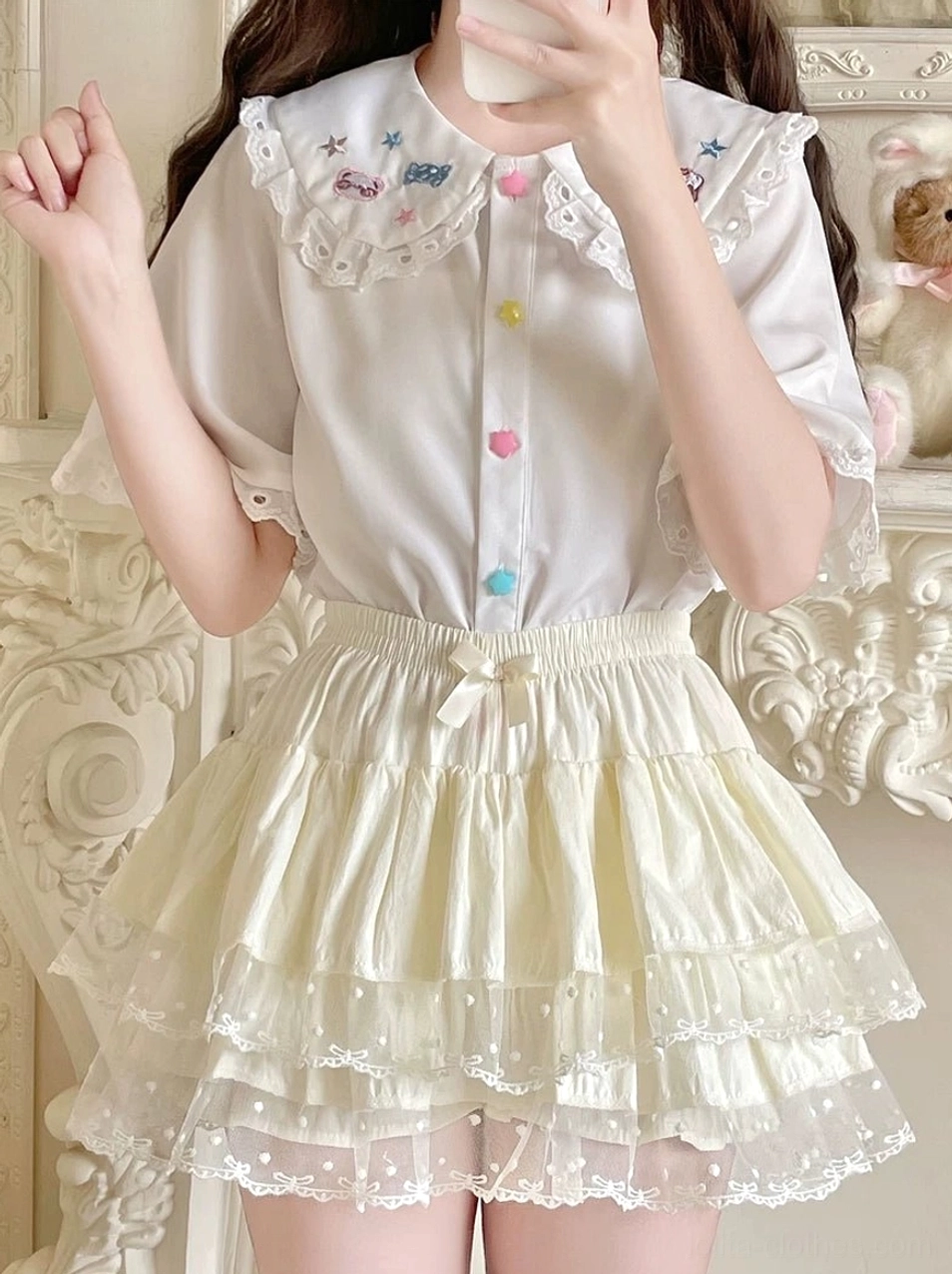 Tiered ruffle Lolita bloomers detail shot highlighting polka dot lace hem texture construction elastic waist adjustment and premium cotton material composition for durable Sweet Lolita wear