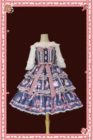 Tiered ruffle lolita JSK dress navy dark blue colorway three-quarter front view on dress form dark red background floral decorative frame lace-trimmed layered skirt striped waist bow