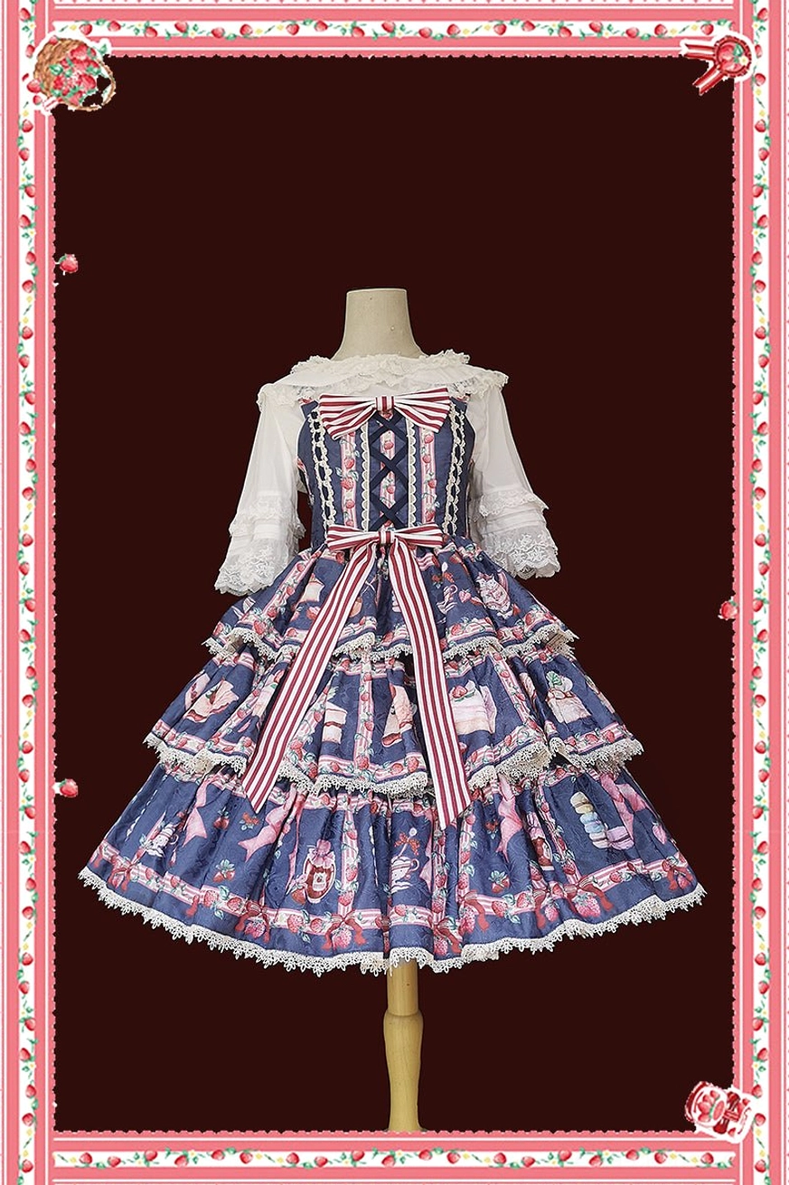 Tiered ruffle lolita JSK dress navy dark blue colorway three-quarter front view on dress form dark red background floral decorative frame lace-trimmed layered skirt striped waist bow