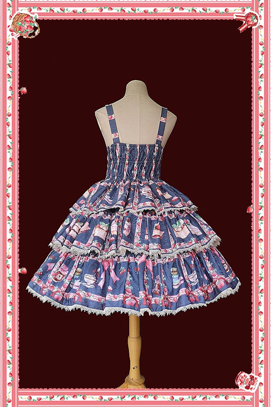 Tiered ruffle lolita JSK navy blue colorway full back view dress form dark red background floral frame adjustable square shoulder straps layered ruffle skirt lace edging