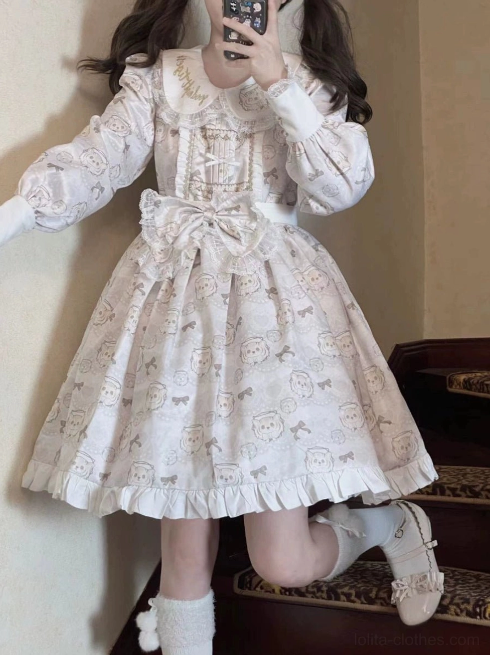 White tiger print lolita OP dress four-way stretch lining interior view showing soft comfort material for all-day wear beneath polyester twill exterior
