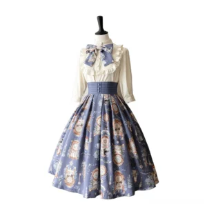 Timeless Reverie sweet lolita coordinate set featuring beige ruffled stand-up collar blouse and blue high-waisted clock floral print skirt on dress form mannequin front view