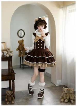 Brown sweet lolita JSK dress with inner turtleneck top and bear ear headband, model posing with teddy bear decorations and arched doorway backdrop