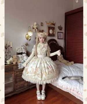 Front full-body view of enchanted toy print lolita one-piece dress worn by model in vintage bedroom setting with plush toys, featuring ivory pastel base with cute animal prints, ruffled skirt hem, waist bow sash, and short puff sleeves