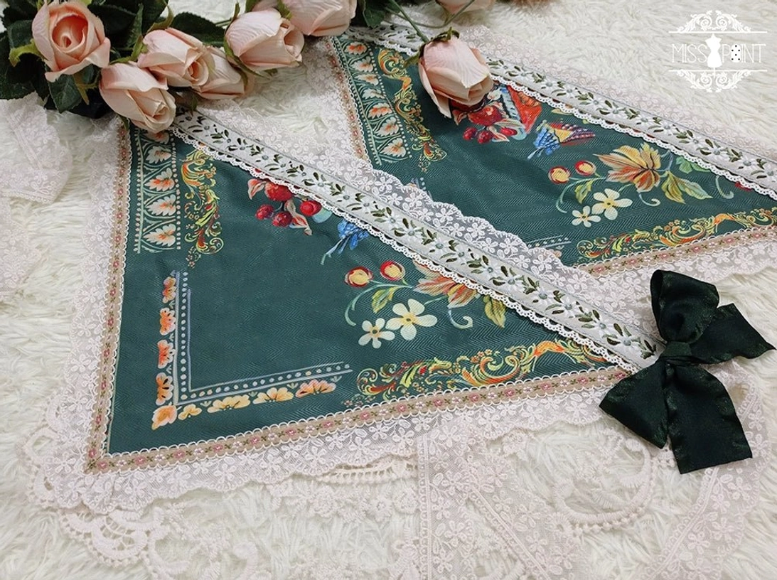 Triangle lolita headscarf dark green floral embroidery white lace ruffled edge with mini bow accessory