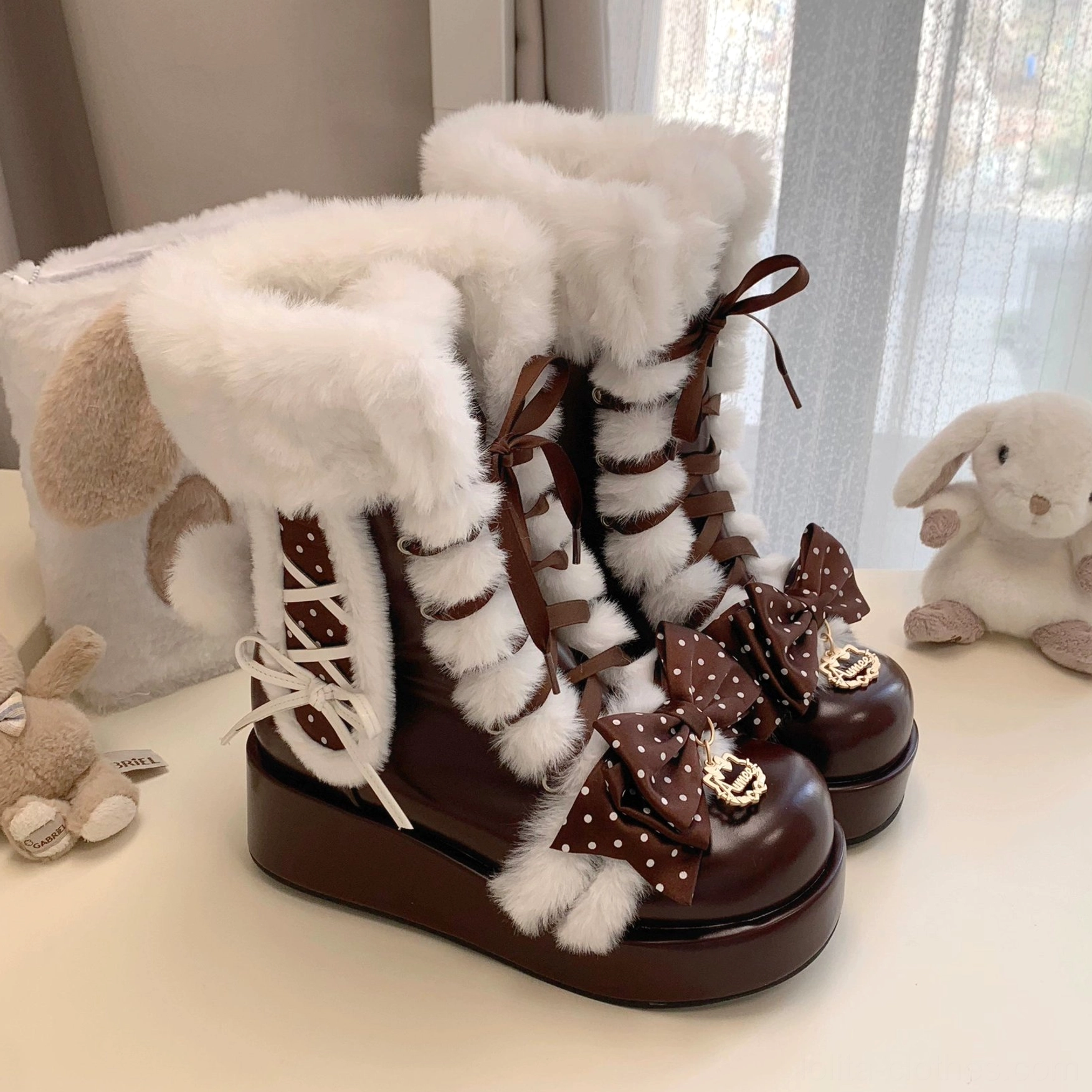 Truffle brown fluffy bunny ear sweet lolita platform boots featured in complete product presentation showing color depth, warm tone palette, versatile styling potential with lolita coordinates