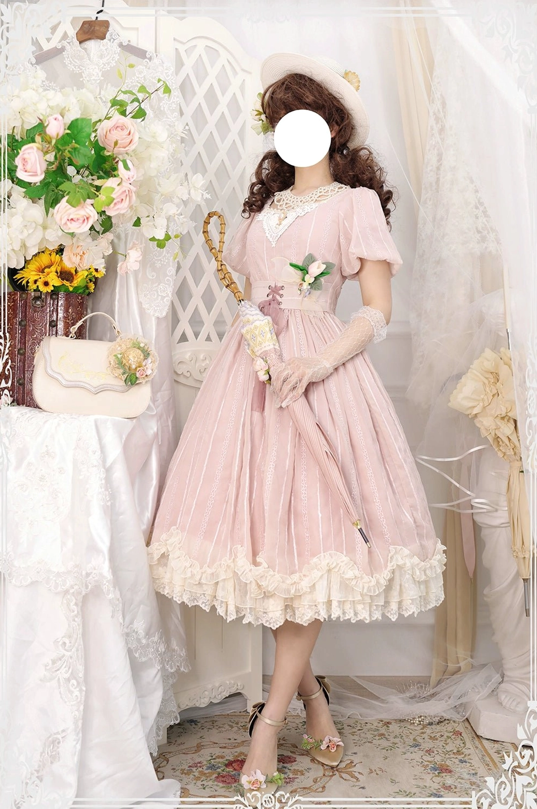 Tulip classic lolita OP dress pink striped short sleeve square collar front standing view with lace ruffled hem vintage studio backdrop