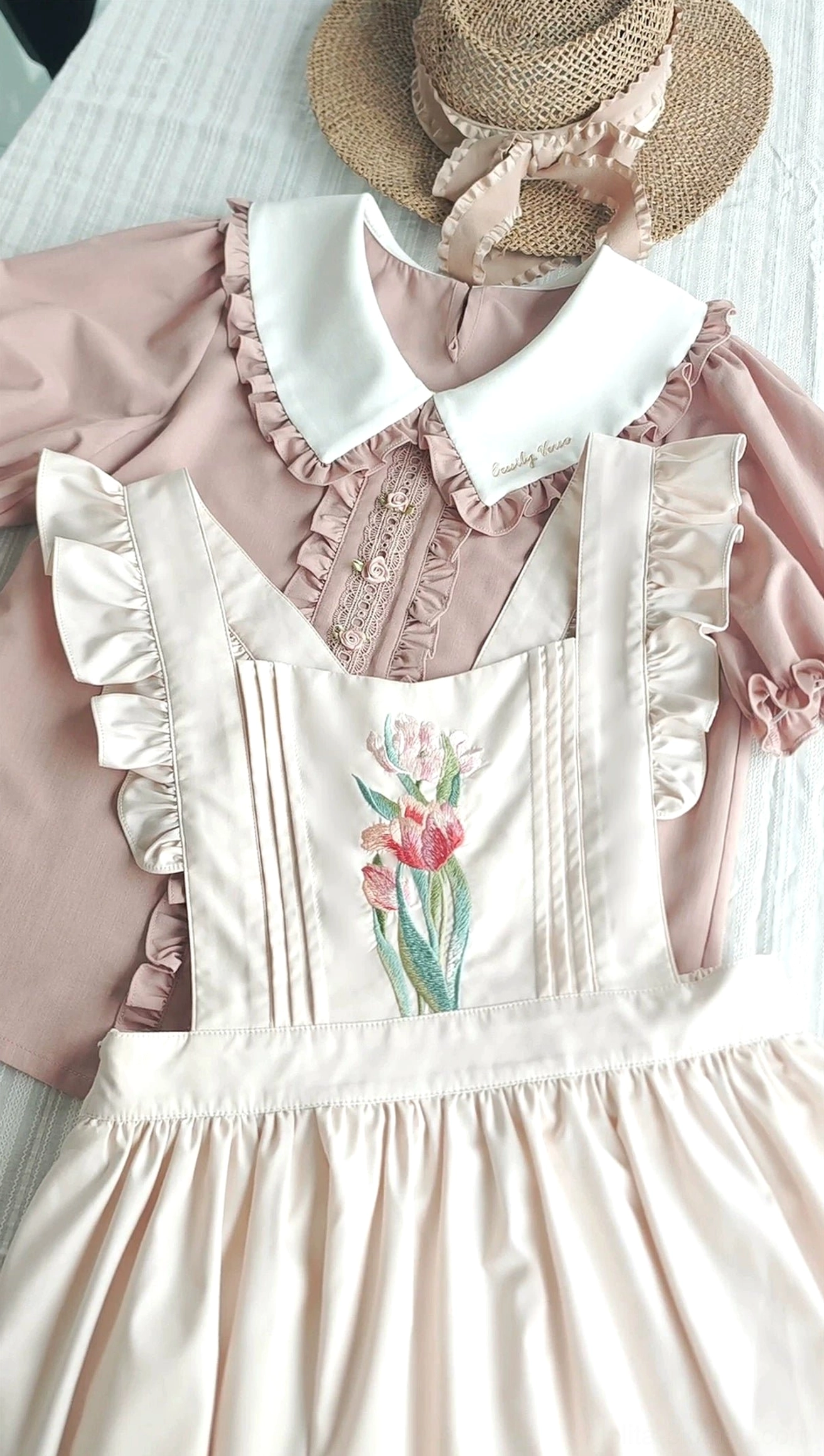 Tulip embroidery details lolita salopette dress botanical design inspiration