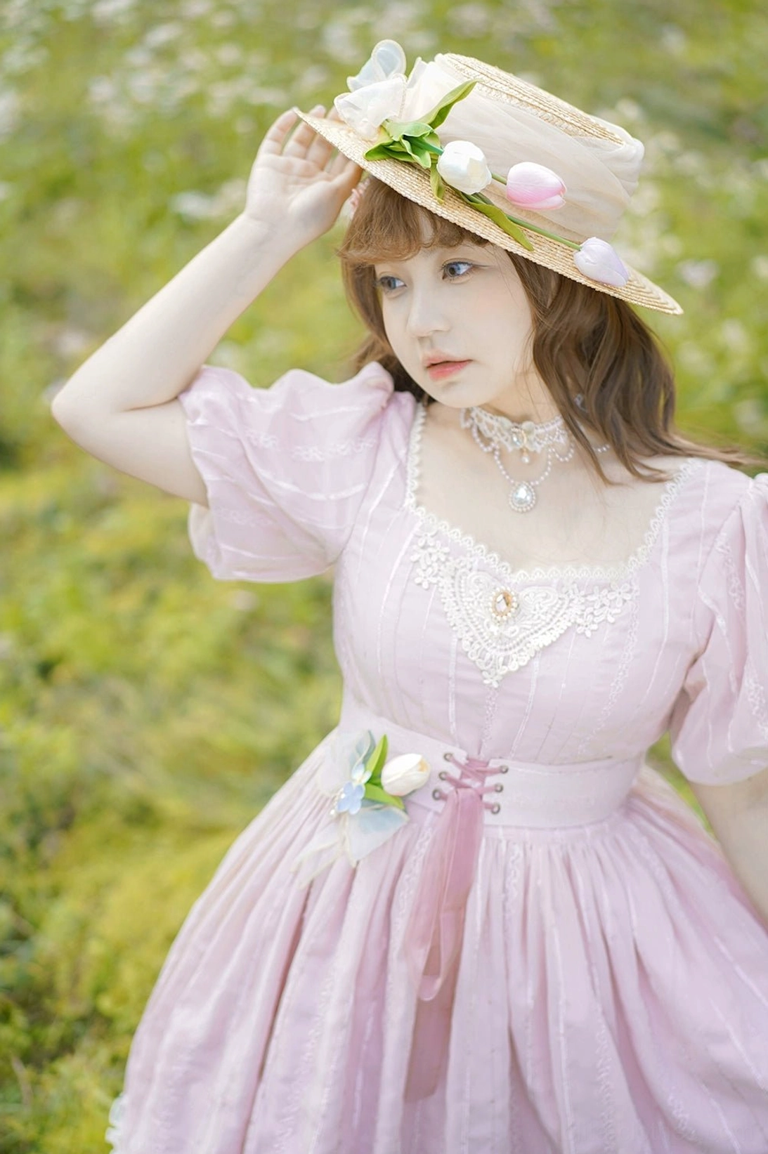 Tulip classic lolita OP dress detail shot petal hem cut pink striped fabric embroidered chest ornament ruffled lace decorative elements