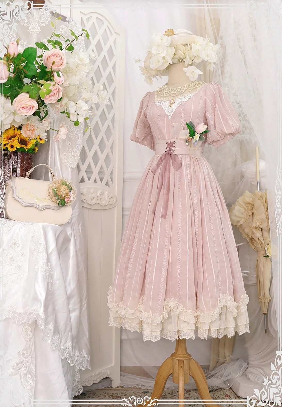 Tulip classic lolita OP dress grass green color variation short sleeve square collar waist belt petal hem full standing view