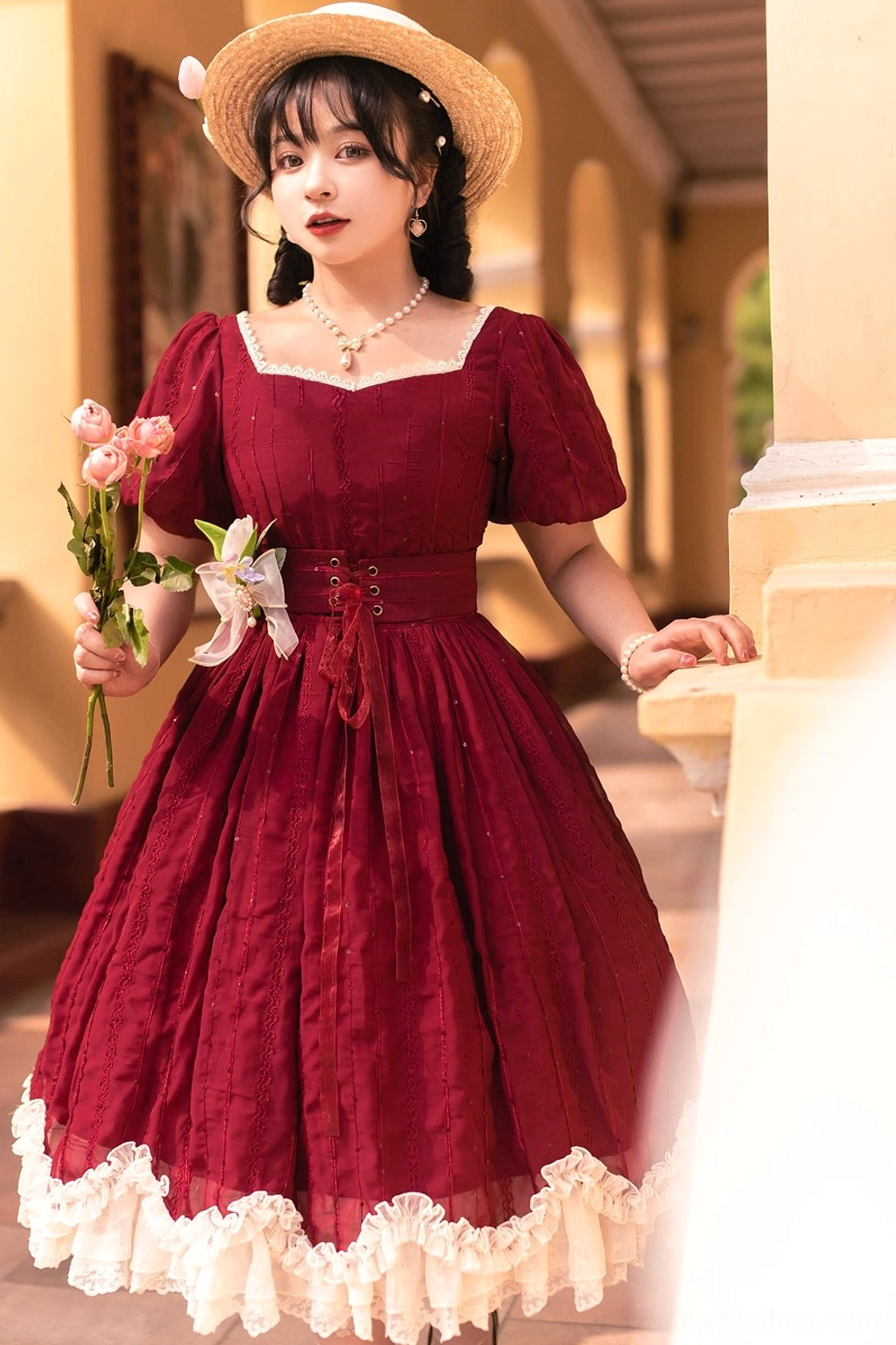 Tulip classic lolita short sleeve dress lace ruffled hem petal cut detail delicate edging ruffles lace trim embellishment vintage