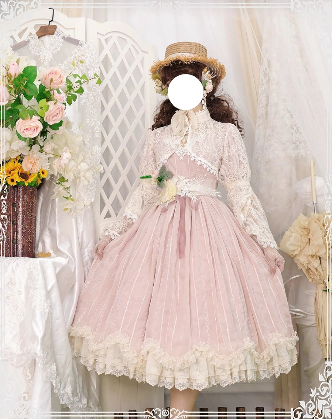 Tulip lolita OP dress long sleeve lace bolero jacket back standing full view pink striped fabric lace-trimmed bell sleeves vintage studio
