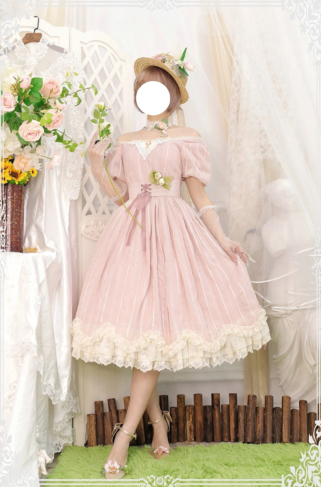 Tulip lolita OP dress off-shoulder pink vertical stripes side standing full view outdoor garden waist bow decoration strappy heels