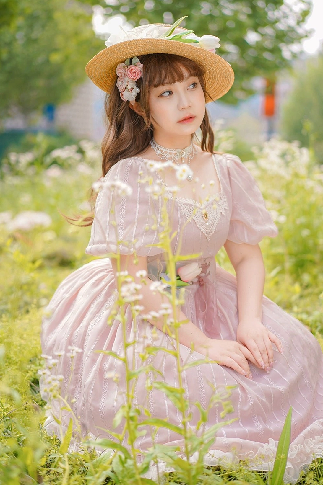 Tulip lolita classic dress short sleeve seated outdoor side portrait pink subtle stripes puff sleeves square lace neckline flower grass field