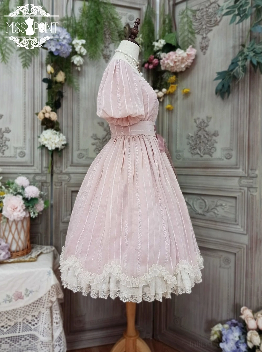 Tulip classic lolita short sleeve dress waist belt design detail close-up structured cinch highlight curves petal hem full length view