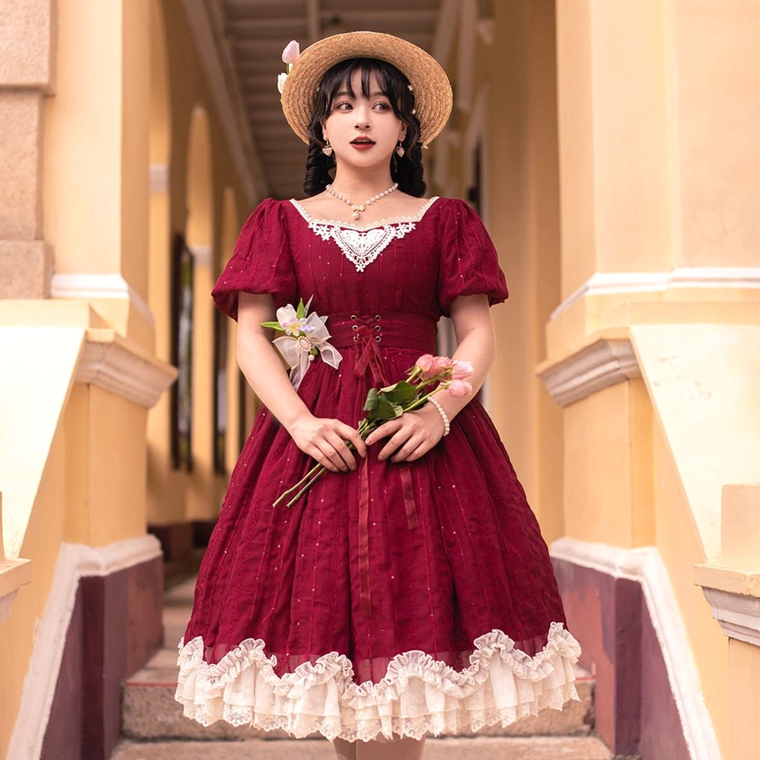 Tulip lolita OP dress waist belt non-removable design highlight curves cinched waist structured silhouette feminine proportions accent