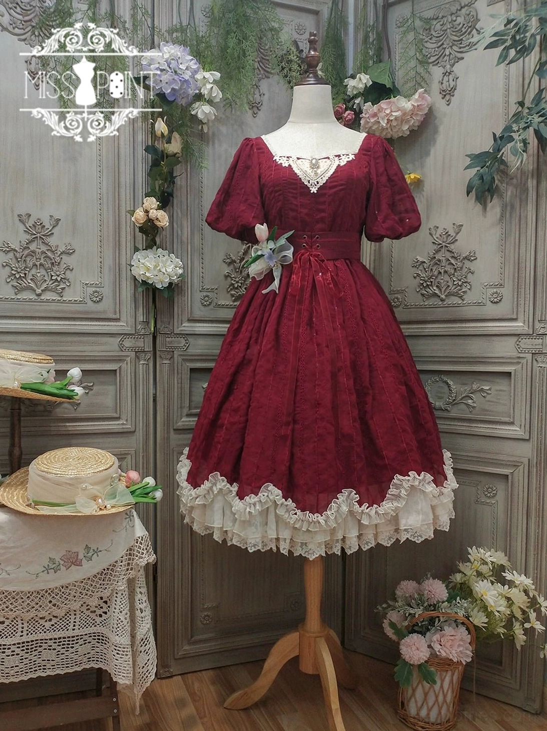 Tulip lolita short sleeve dress wine red with lace variant chest lace embroidery waist bow petal hem vintage floral background