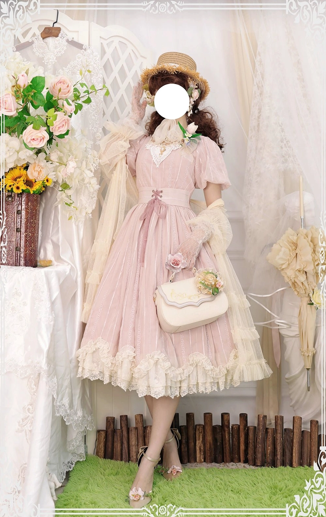 Tulip classic lolita short sleeve OP dress back standing full view pink vertical stripes waist sash bow lace ruffled hem garden scene