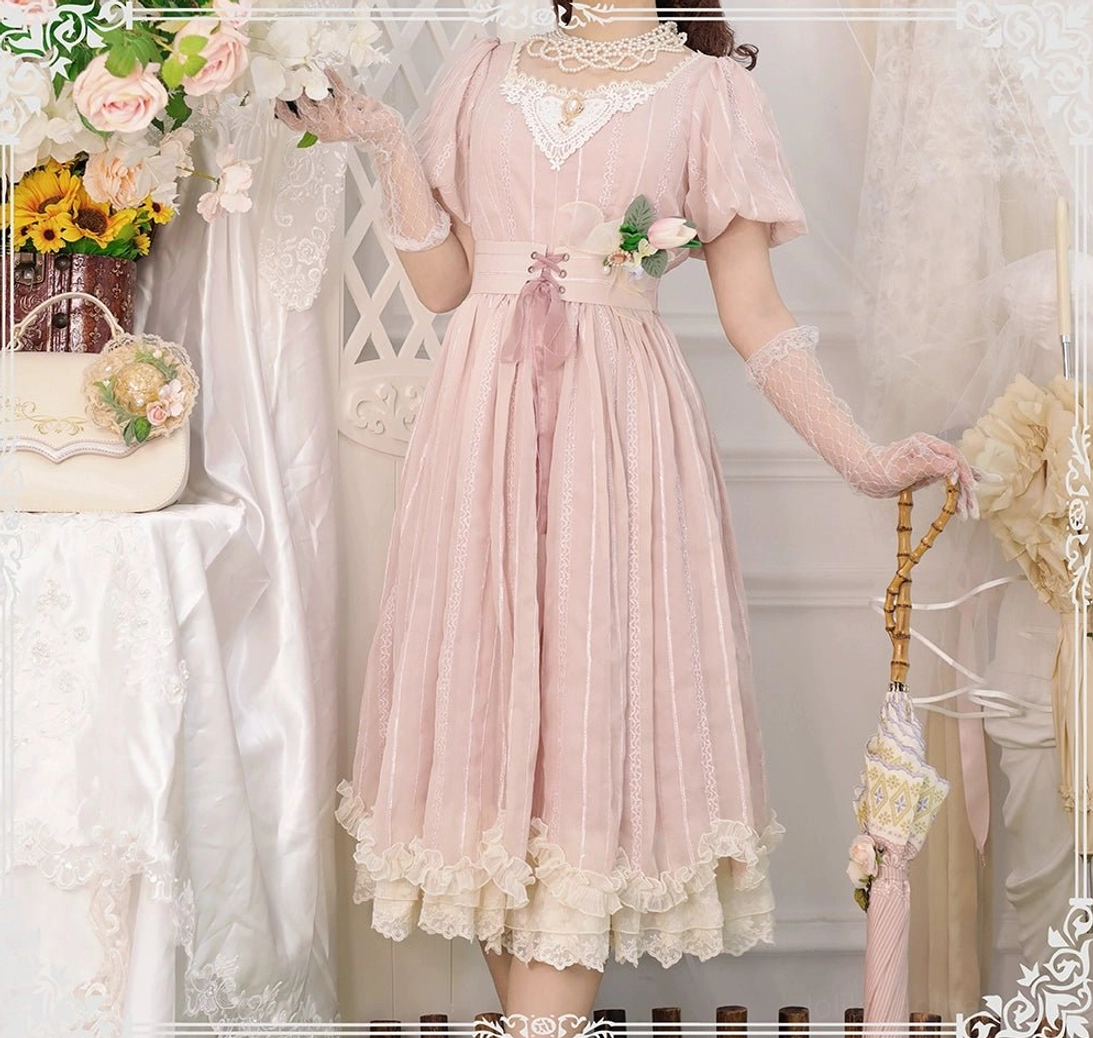 Tulip lolita OP dress short sleeve front full body close-up detail lace square neckline pink striped fabric waist sash long lace gloves