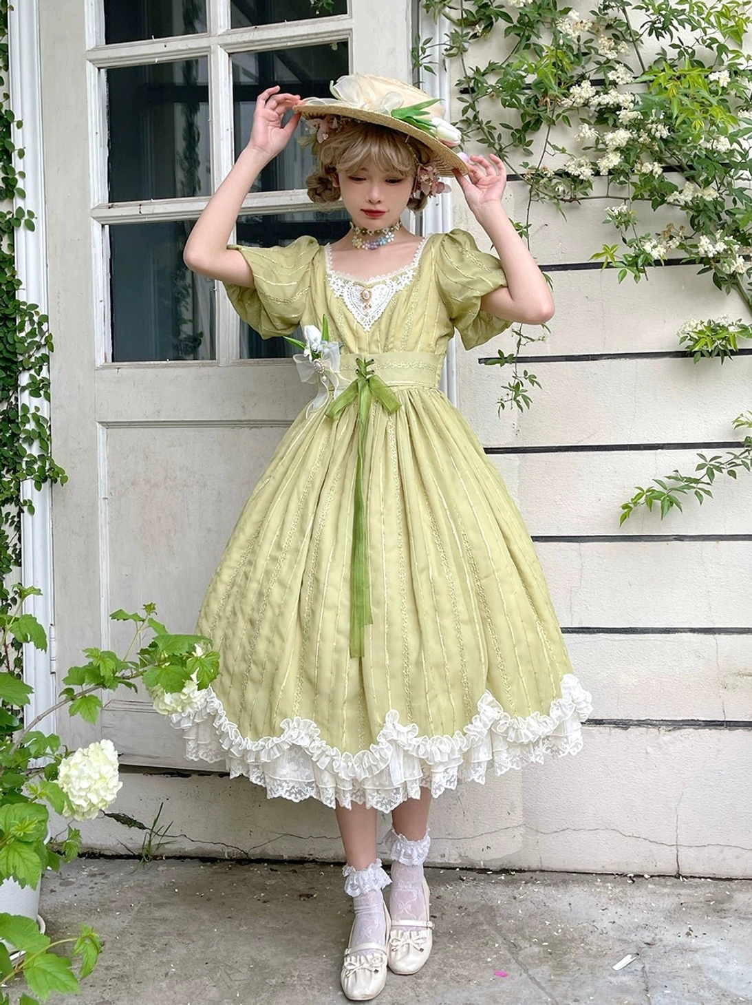 Tulip lolita OP dress embroidered chest patch visual focus point eye-catching embellishment refined elegant touch sophisticated design
