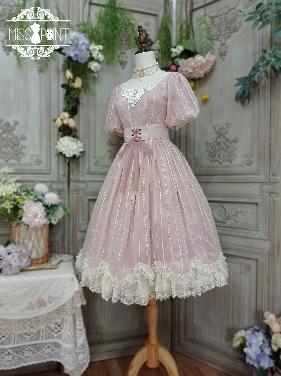 Tulip lolita OP dress ivory color classic shade short sleeve square neckline puff sleeves waist decoration ruffled lace hem studio setup