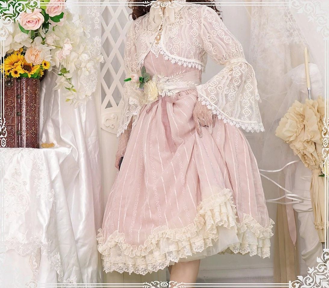 Tulip classic lolita OP dress long sleeve front standing full view pink vertical stripes lace trumpet sleeves large waist bow ruffled hem