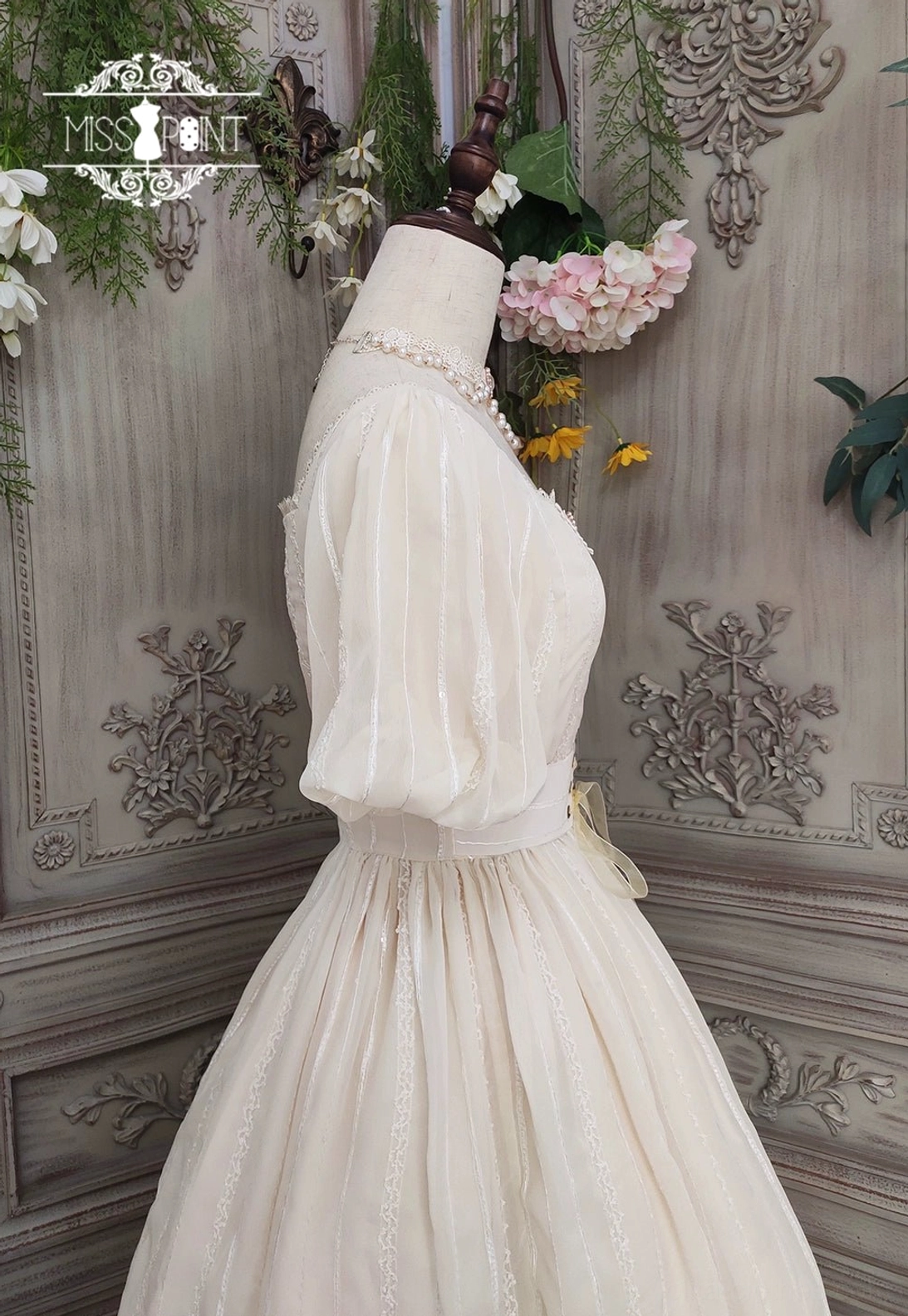 Tulip lolita OP dress pink color standing view lace decoration optional variant full body standing garden background aesthetic