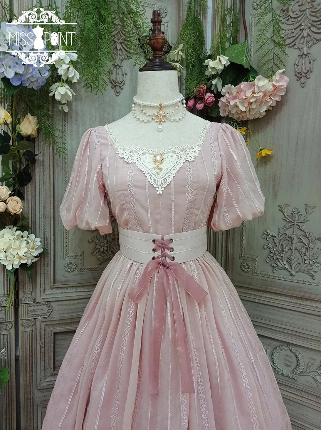 Tulip classic lolita OP dress pink color with lace decoration variant chest lace detail short sleeve square collar garden setting
