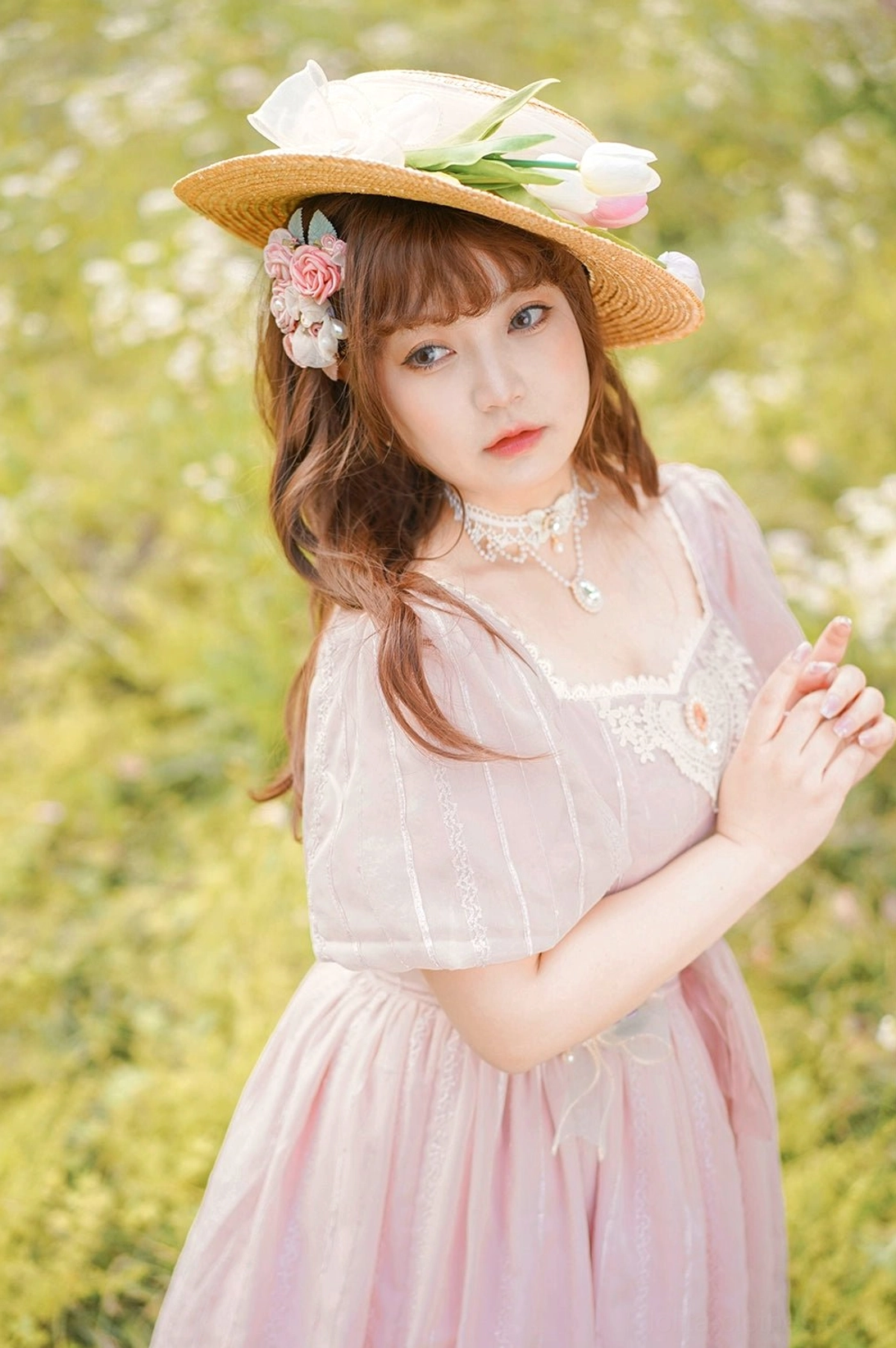 Tulip classic lolita OP dress pink without lace variant clean aesthetic chest embroidery short sleeve puff sleeves square collar