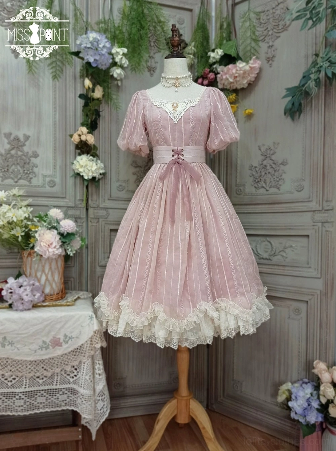Tulip lolita short sleeve dress color variation wine red burgundy petal hem embroidered details vintage floral backdrop indoor studio