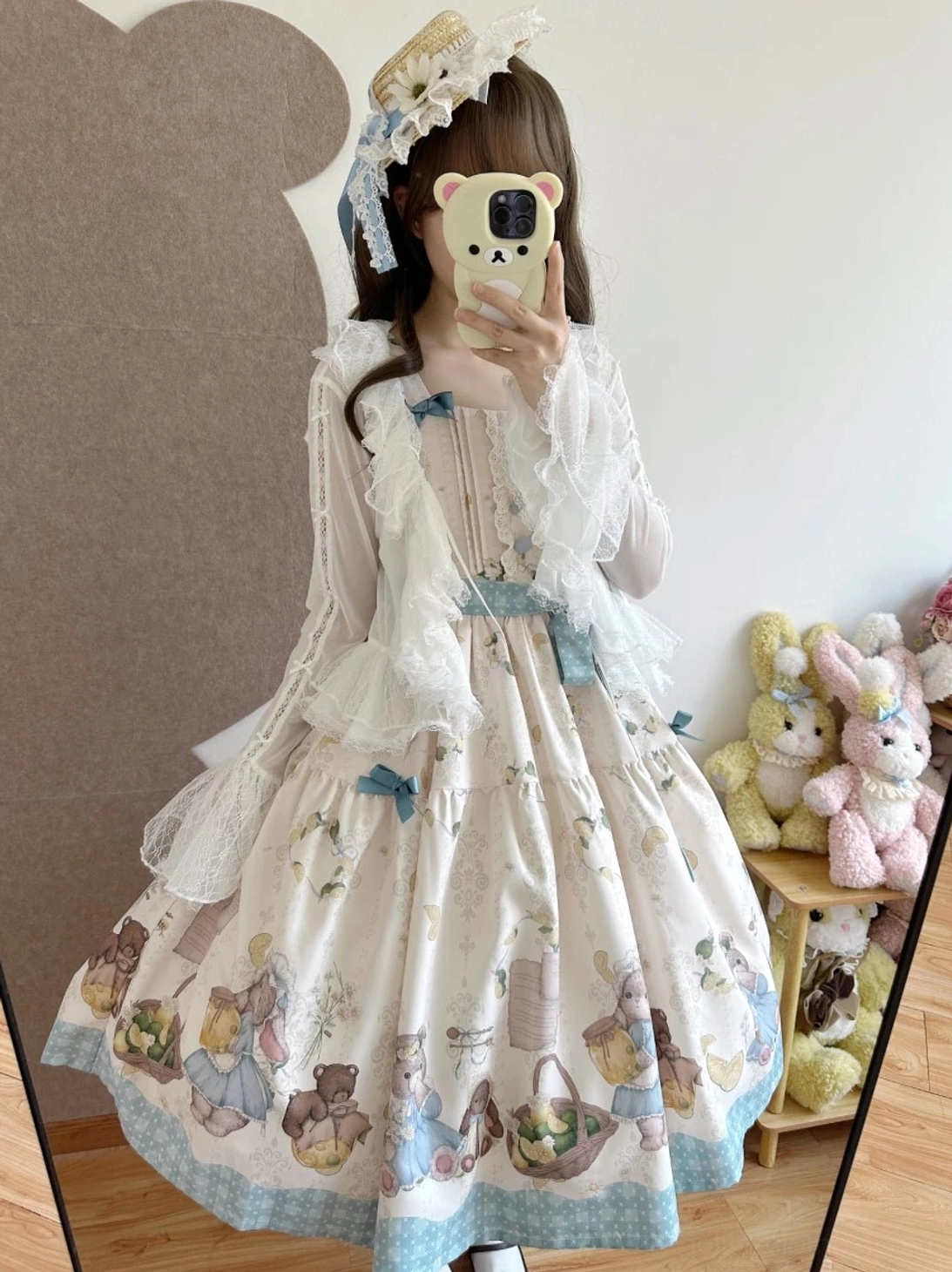 Tulle bolero cardigan styled with petticoat and lolita skirt ensemble, demonstrating complete coordinate look for authentic sweet lolita fashion expression