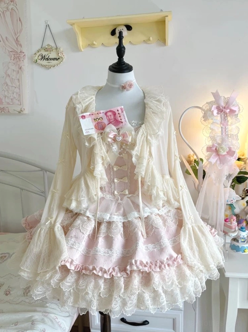 Size range demonstration of tulle lolita bolero cardigan S through XL, showing fit scalability for diverse lolita community members and body types