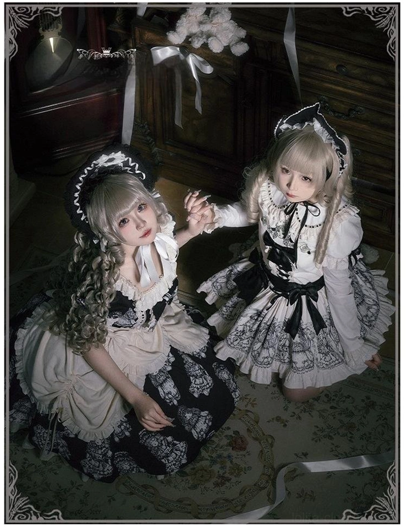 Twin maid-style lolita OP dresses with two-tone color matching and ruffled skirt hems - side view of curly blonde models kneeling in dark wooden vintage room showcasing classic lolita silhouette