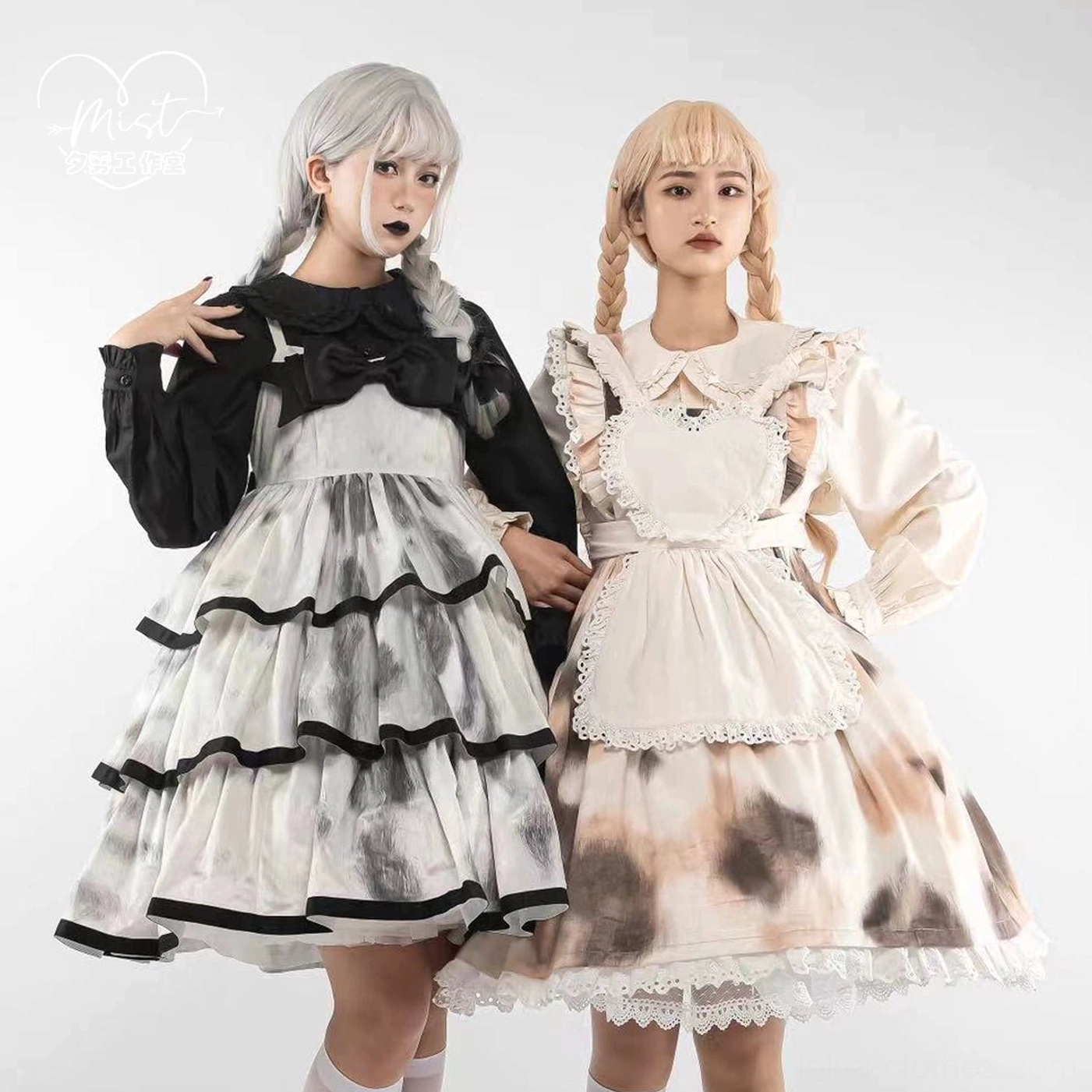 Twin models maid lolita dresses black white tiered collar bow cow spot heart apron ruffled doll collar