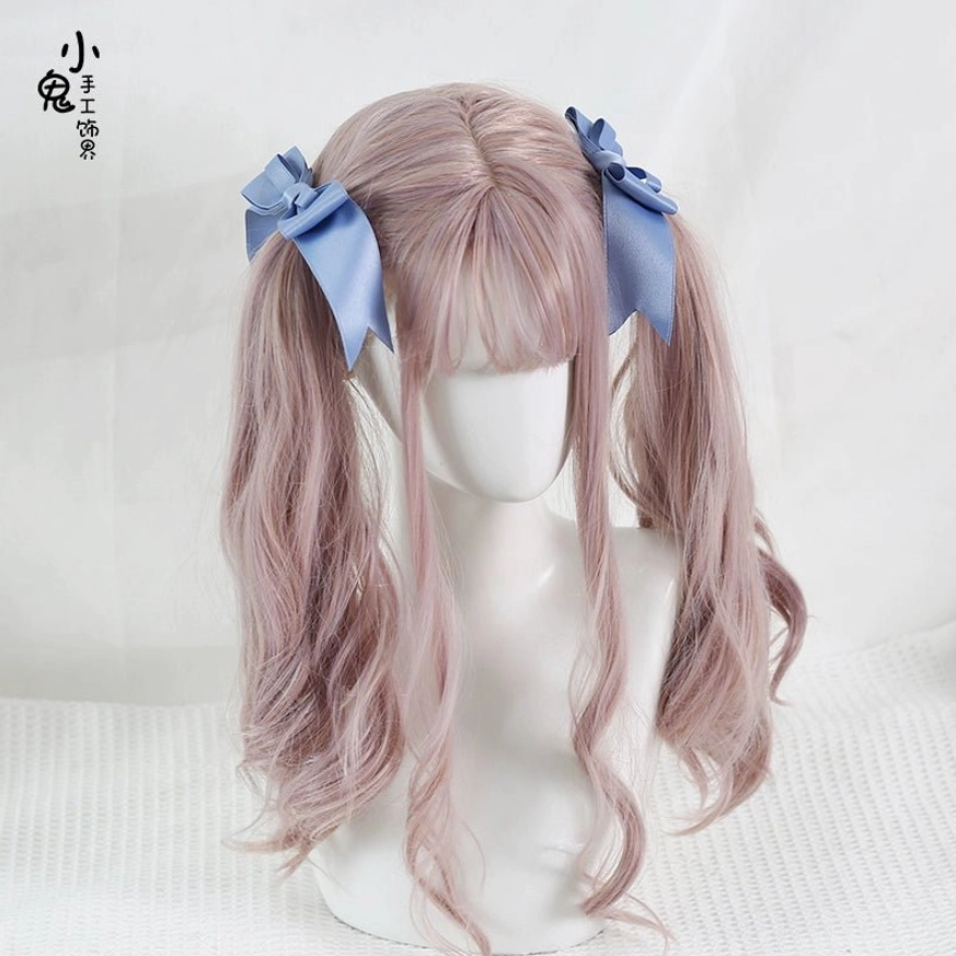 Twin satin bow hair clips pair set ideal for creating authentic lolita pigtail hairstyle with perfect symmetry