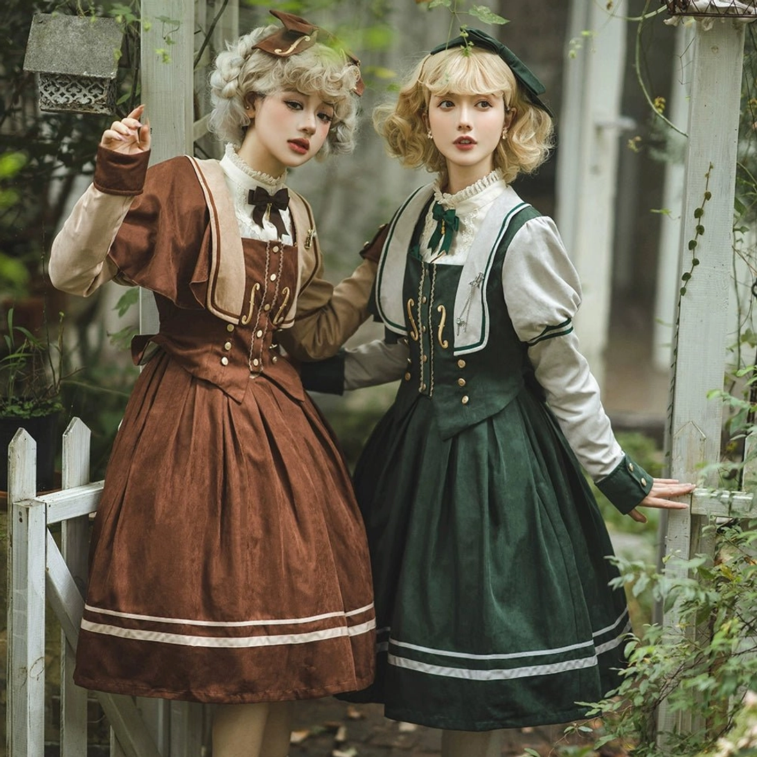 Twin vintage lolita maid dresses full body portrait outdoor garden scene brown and dark green retro dresses with white sleeves