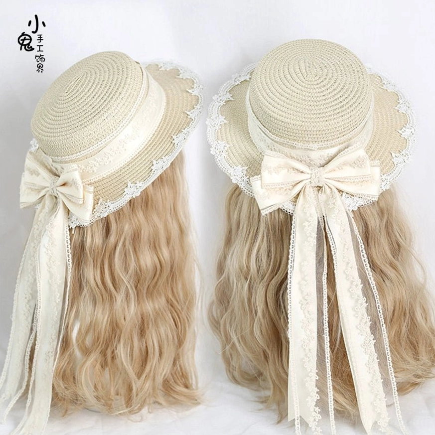 Two variations of ivory lolita lace straw hats displayed side-by-side front oblique view comparing styling options with side bow placement and rear bow arrangement in matching beige tone
